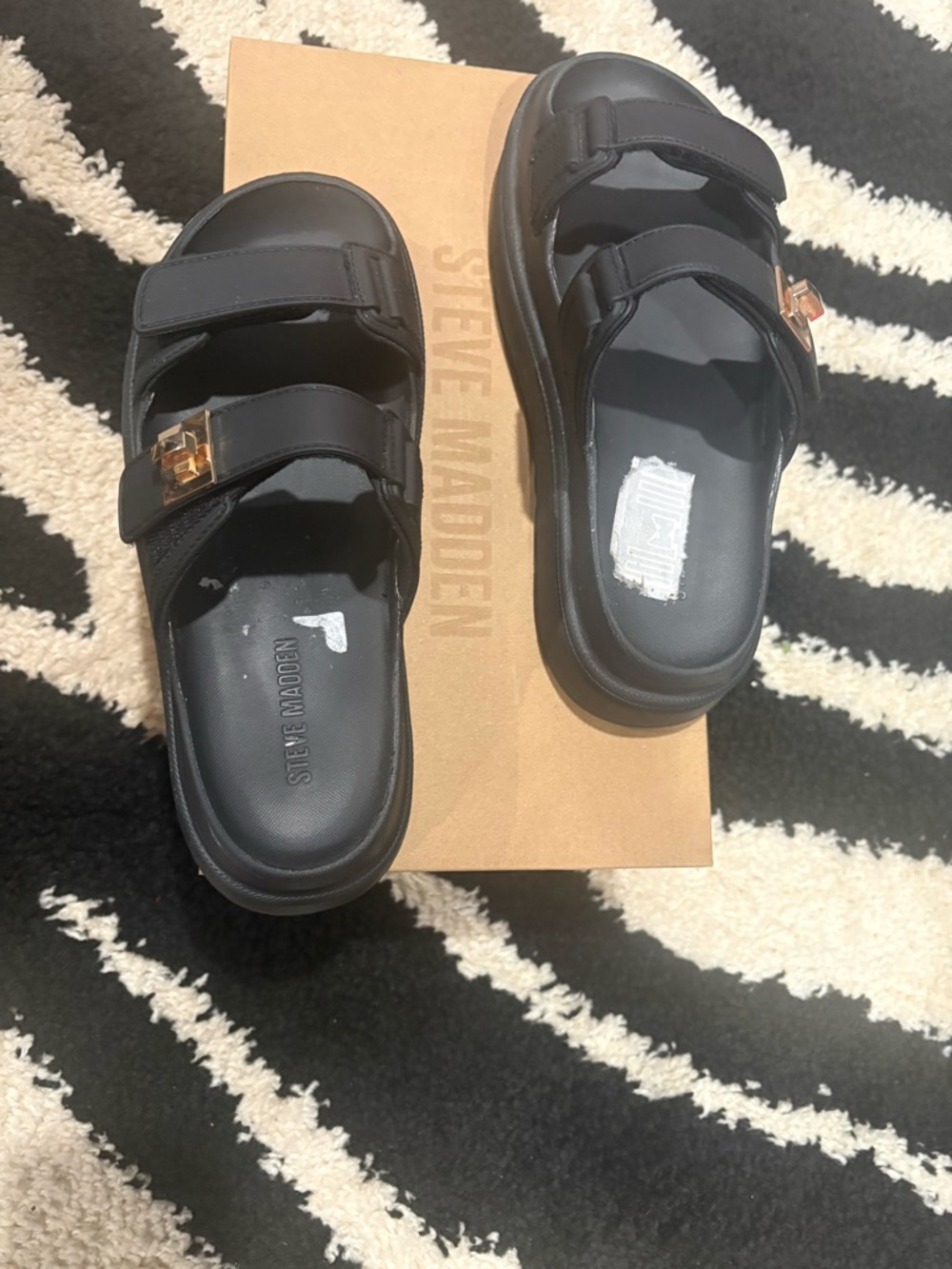 Steve Madden Black Double-Strap Slide Sandals with Gold Accent